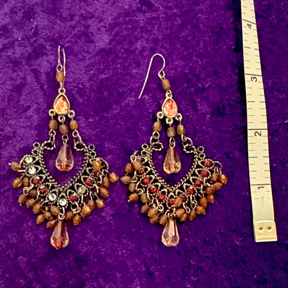 Source Unknown Pink and Amber Filigree Chandelier Earrings